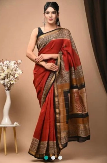Radiant Grace: Reddish Orange Silk Cotton Saree with Grand Golden Zari Patterns