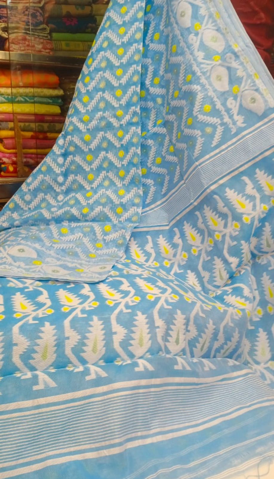 Ethereal Elegance: Light Blue Mulmul Cotton Saree with Intricate Weaving