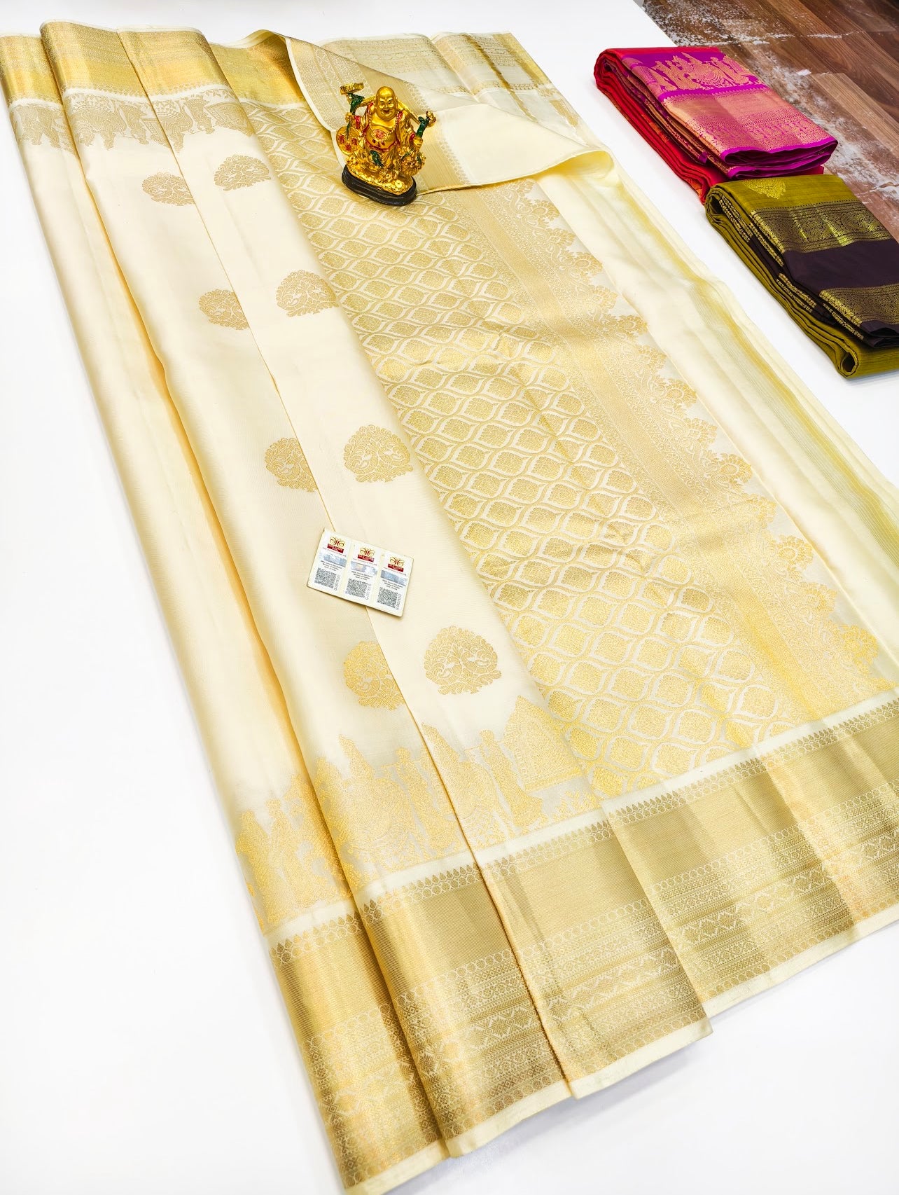 Ethereal Elegance: Pure Cream White Soft Silk Saree with Grand Golden Zari