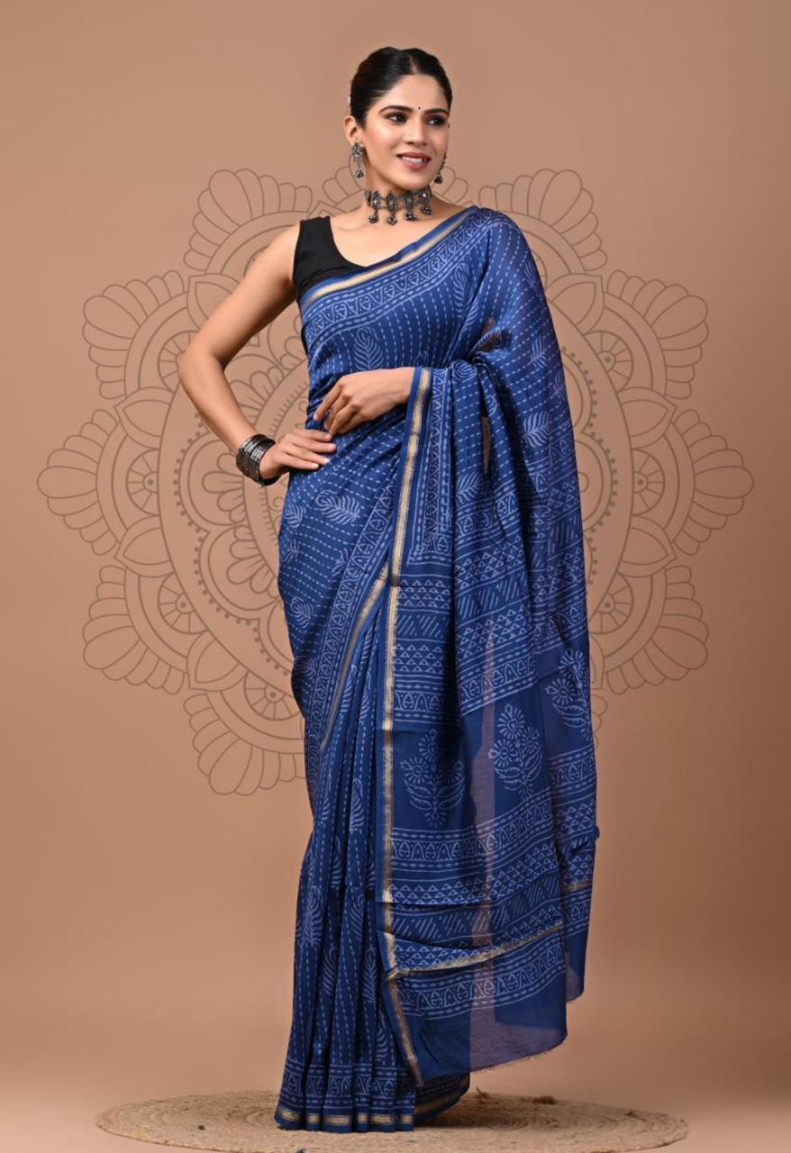 Grace in Every Shade: Luxurious Silk Cotton Sarees in Pink, Navy Blue & Fresh Green with Elegant Golden Zari Borders