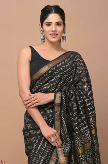 Majestic Black Silk Cotton Saree with Grand Golden Zari – Where Style Meets Comfort